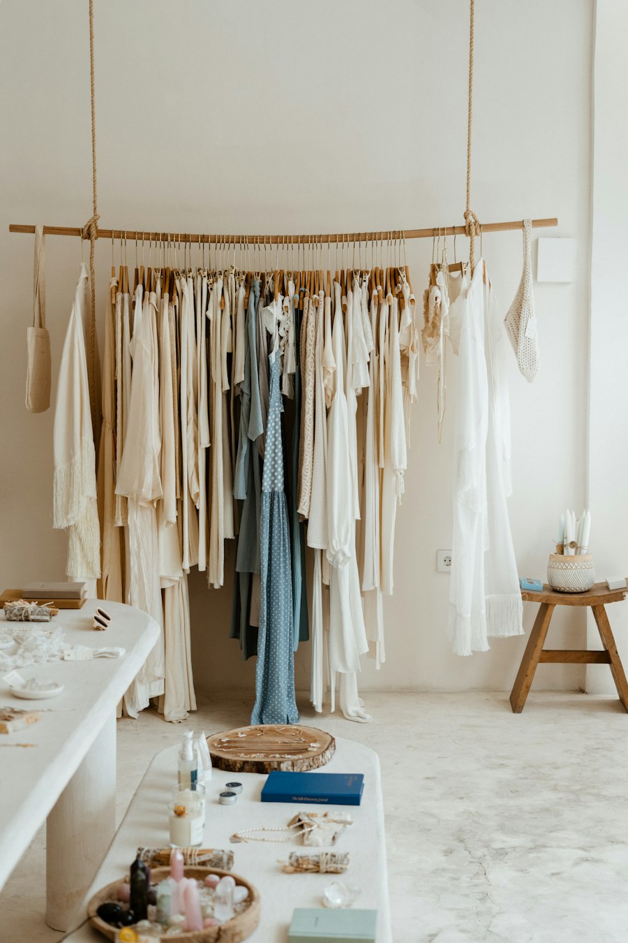 A curated rail of neutral clothing